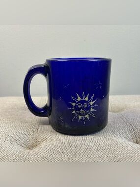 Libbey Cobalt Blue Celestial Sun Moon & Stars Coffee Mug Glass Cup Made In USA